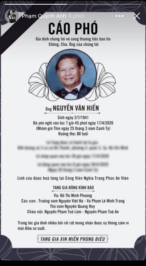  
Phạm Quỳnh Anh đã chia sẻ thông tin về lễ tang của bố chồng cũ. (Ảnh chụp màn hình) - Tin sao Viet - Tin tuc sao Viet - Scandal sao Viet - Tin tuc cua Sao - Tin cua Sao