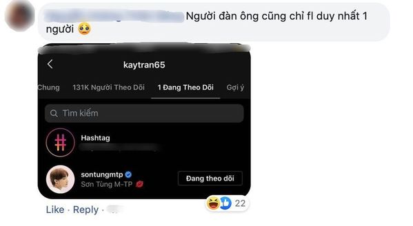  Kay Trần chỉ theo dõi Sơn Tùng trên Instagram. Ảnh: Chụp màn hình