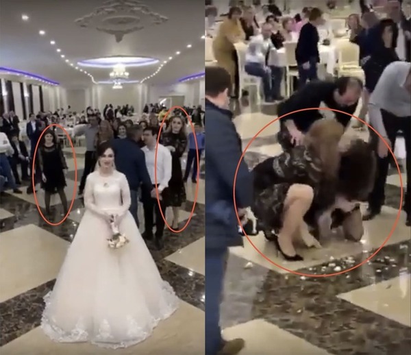  
Hai nữ khách này còn vật nhau xuống sàn vì tranh giành bó hoa cưới. (Ảnh cắt từ clip)