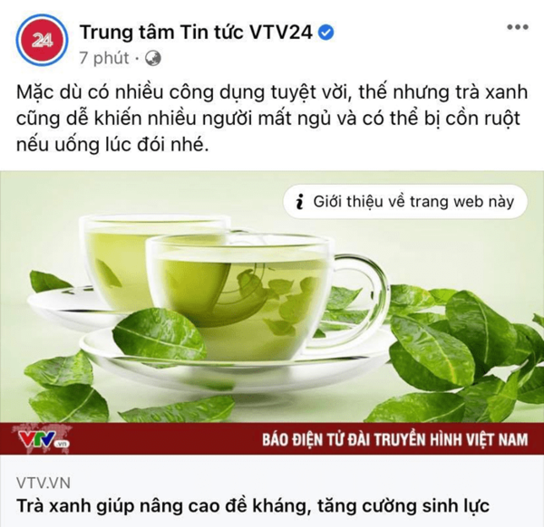  
VTV chia sẻ bài viết về trà xanh khiến cư dân mạng thích thú. (Ảnh: Chụp màn hình).