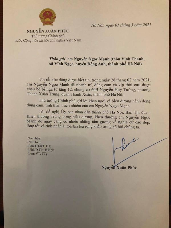  
Thủ tướng Nguyễn Xuân Phúc đã gửi thư khen ngợi anh. (Ảnh: Thông Tấn Xã Việt Nam)