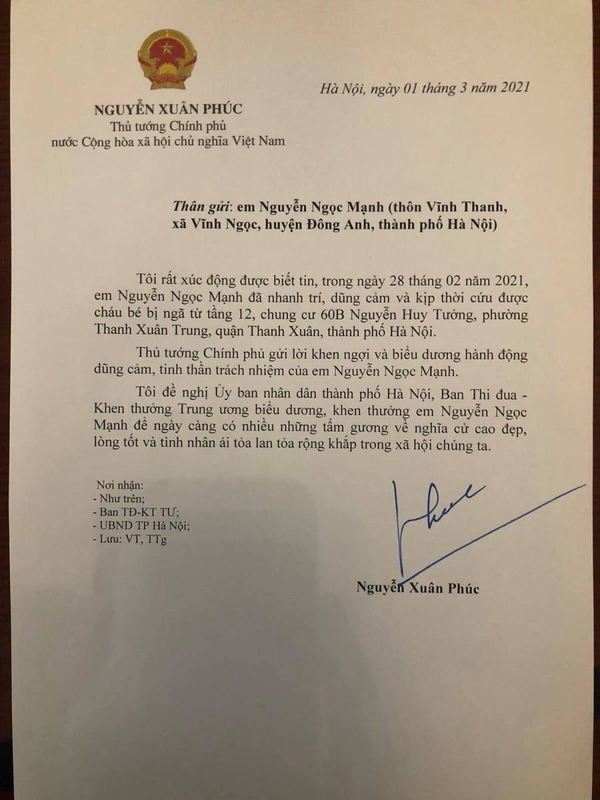  
Thủ tướng Nguyễn Xuân Phúc đã gửi thư khen ngợi. (Ảnh: Thông Tấn Xã Việt Nam)