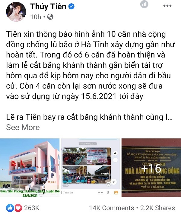  
Trước đó không lâu, Thủy Tiên đã cập nhật tình hình của 10 căn nhà cộng đồng được xây dựng thời gian qua. (Ảnh: Chụp màn hình) - Tin sao Viet - Tin tuc sao Viet - Scandal sao Viet - Tin tuc cua Sao - Tin cua Sao