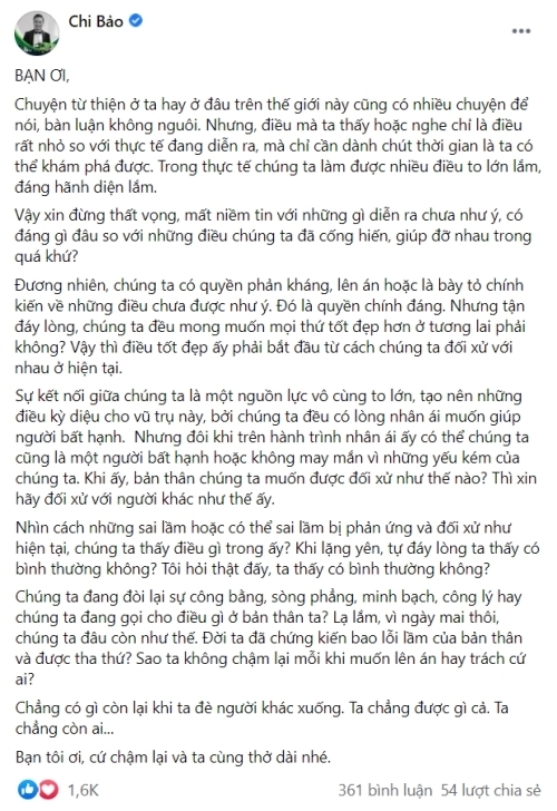  
Nguyên văn nam diễn viên Chi Bảo về câu chuyện từ thiện ồn ào những ngày qua. (Ảnh: Facebook nhân vật)