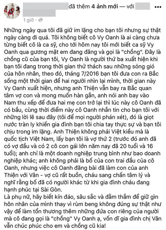  
Một cư dân mạng đã tố Vy Oanh cướp chồng của bạn mình. (Nguồn: FB) - Tin sao Viet - Tin tuc sao Viet - Scandal sao Viet - Tin tuc cua Sao - Tin cua Sao
