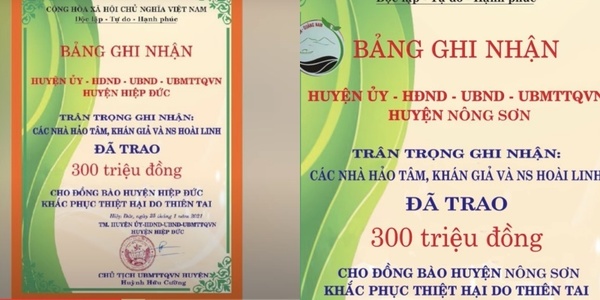  
Huyện Hiệp Đức và Huyện Nông Sơn nhận mỗi huyện 300 triệu đồng. (Ảnh: Chụp màn hình) - Tin sao Viet - Tin tuc sao Viet - Scandal sao Viet - Tin tuc cua Sao - Tin cua Sao