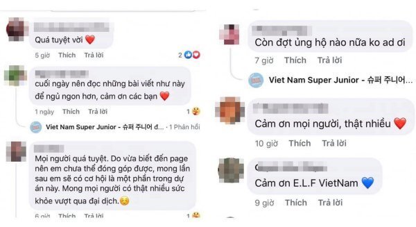  
Nhiều cộng đồng mạng đã để lại những bình luận tích cực, khen ngợi hành động nhân văn của fandom Super Junior Việt Nam. (Ảnh: NVCC)