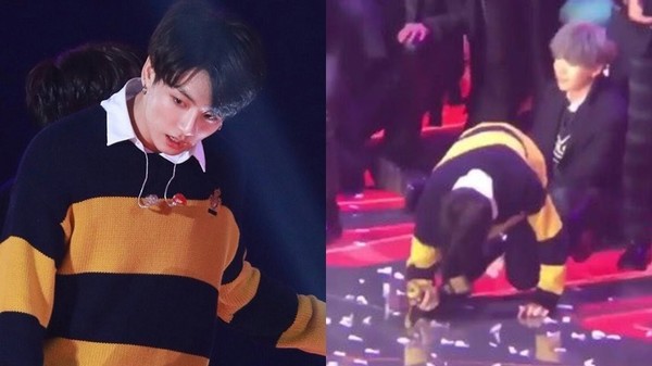  
JungKook từng ngã trên sân khấu vì kiệt sức do lịch trình quá nhiều. (Ảnh: Twitter)