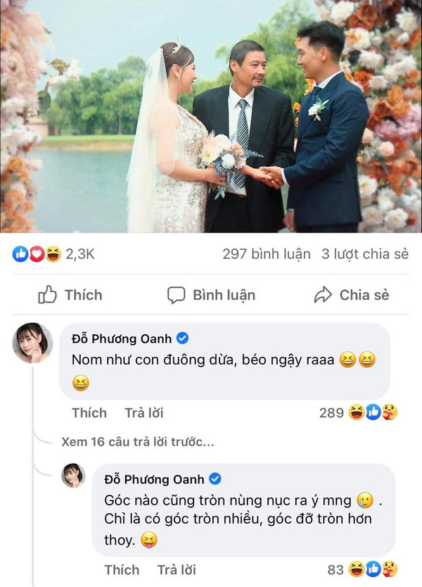  
Phương Oanh cũng từng "rớt nước mắt" khi thấy vóc dáng của mình trong cảnh cưới. (Ảnh: Facebook nhân vật)