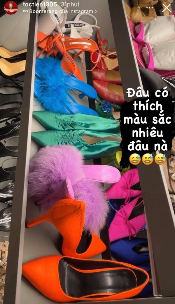    Bộ sưu tập giày cao gót đủ sắc màu của Tóc Tiên được cô nàng chia sẻ. (Ảnh: Chụp màn hình)