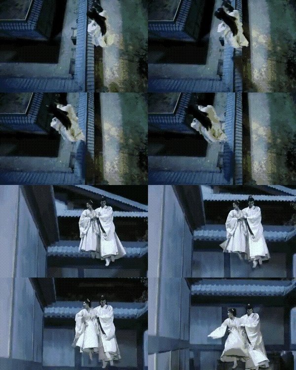  
Tang Kỳ - Yến Vân Chi diện đồ trắng, bay vèo vèo qua nóc nhà mà chẳng cần vận khí công. (Ảnh: Chụp màn hình)