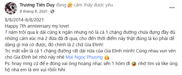  
Doanh nhân họ Trương luôn dành những lời yêu thương ngọt ngào cho vợ dù yêu nhau bao nhiêu năm đi nữa 
(Nguồn ảnh: FB Trương Tiến Duy)