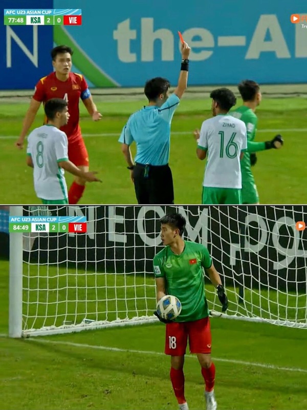  
Quan Văn Chuẩn rời sân, Nhâm Mạnh Dũng phải trở thành thủ môn "bất đắc dĩ". (Ảnh: FPT Play)