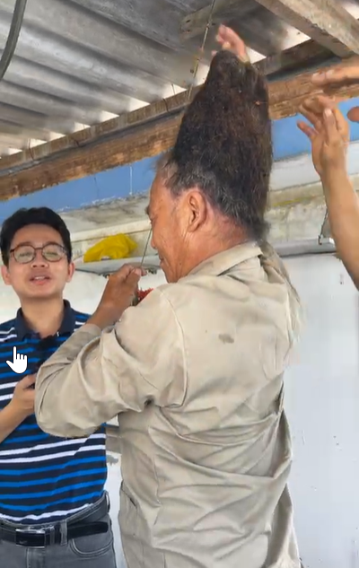    Mái tóc kết dính, dựng đứng có thể chịu được trọng lực lên tới 67kg. (Ảnh: Chụp màn hình Độc lạ Bình Dương)