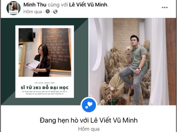  
Dòng trạng thái cập nhập mối quan hệ tình cảm của Minh Thu và Minh Vẹo. (Nguồn ảnh: FB Minh Thu)