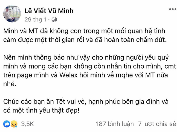  
Nội dung bài thông báo đã chia tay với Minh Thu được Minh Vẹo đăng tải. (Ảnh: FB Lê Viết Vũ Minh)