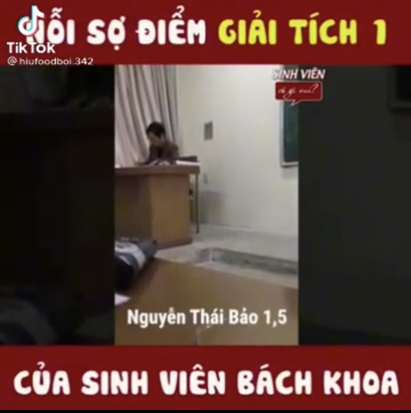  
Một video ghi lại cảnh sinh viên Bách Khoa liên tục bị nhận điểm kém với môn Giải tích khó nhằn. (Ảnh: TikTok @hiufoodboi.342)