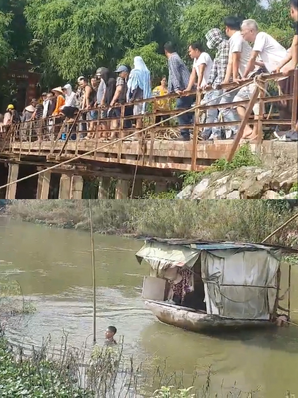  Người dân tập trung rất đông để theo dõi quá trình tìm kiếm H.N tại khu vực cầu Cù Sơn, xã Vân Côn, huyện Hoài Đức. (Ảnh: TikTok @dinhviet36)