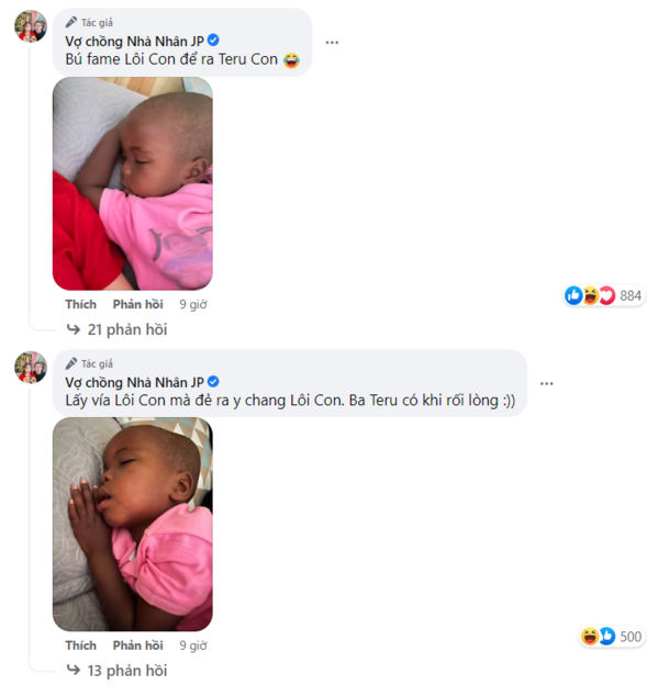  
Nữ YouTuber vui vẻ đùa rằng bản thân đang "ké fame” của Lôi Con nhưng là để ra Teru Con. (Ảnh: Chụp màn hình Facebook Vợ chồng Nhà Nhân JP)