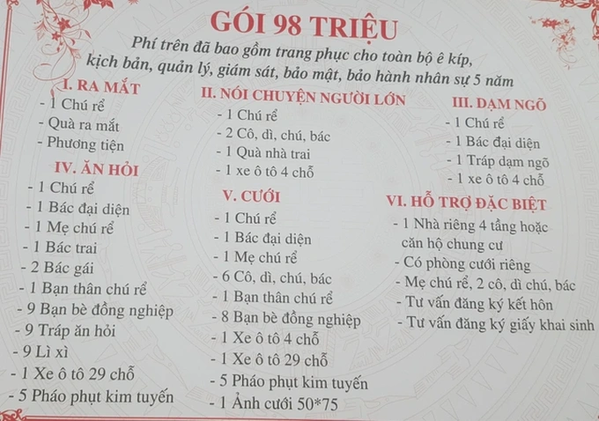  
Bảng giá gói 98 triệu sẽ bao gồm 6 mục lớn khác nhau, đã được công ty tổ chức sự kiện lên kế hoạch chi tiết. (Ảnh: H.T)