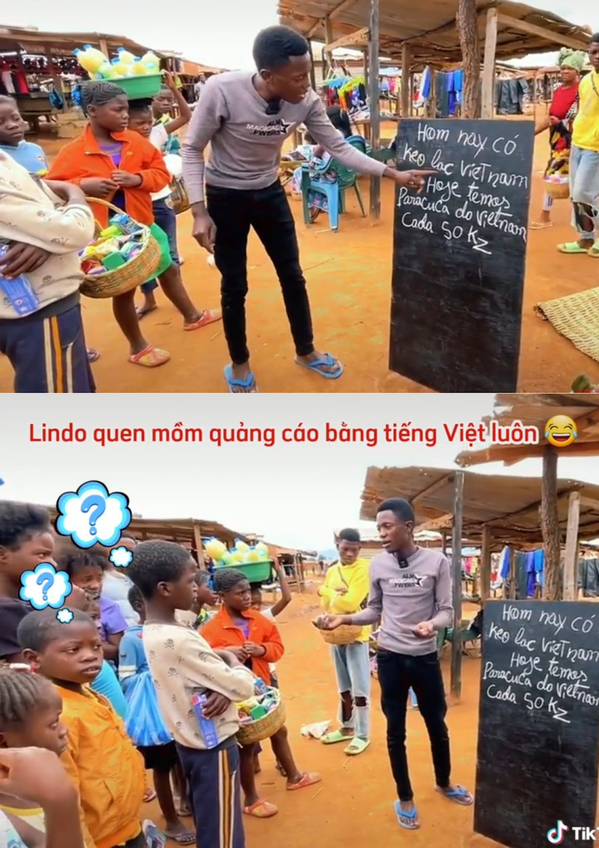  Anh chàng bỗng quên mất mình là người Angola mà giới thiệu kẹo lạc bằng tiếng Việt cực ngọt. (Ảnh: TikTok Angola’s)
