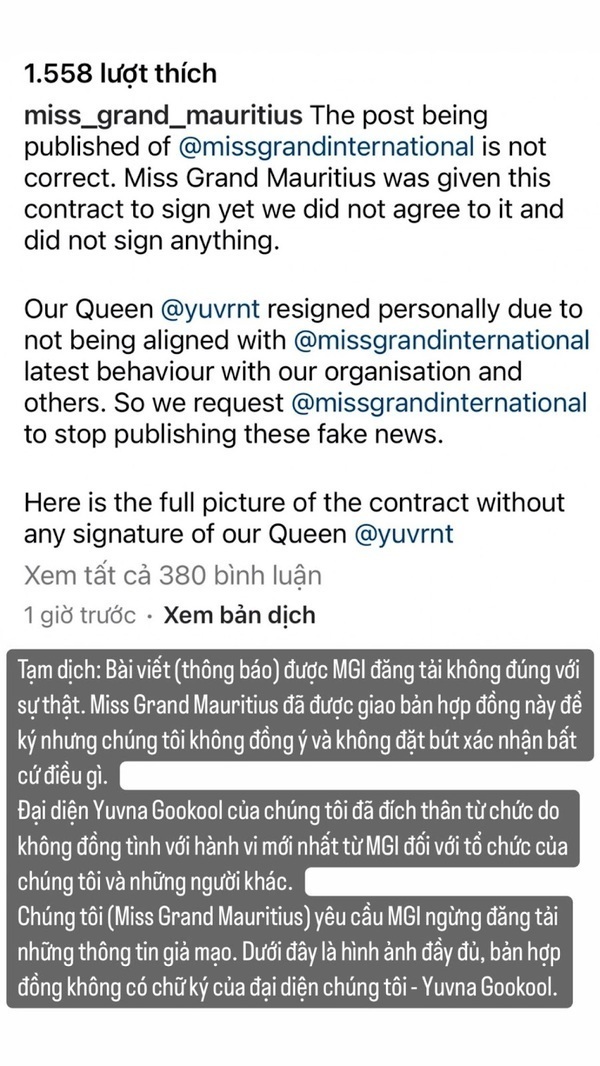  
Phía nàng hậu lại phản ứng cho rằng đại diện của họ bị ép từ bỏ danh hiệu. (Ảnh: Chụp màn hình Instagram @miss_grand_mauritius)