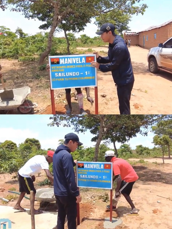 Trên mỗi tấm biển được cắm cạnh giếng sẽ đều được in cờ và chữ Việt Nam. (Ảnh: YouTube Quang Linh Vlogs)