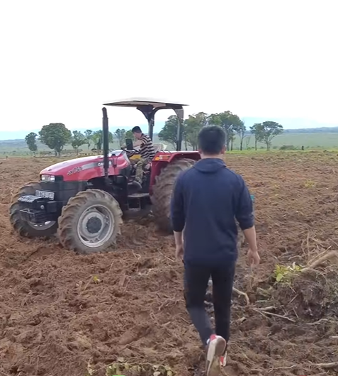 
Anh chàng đưa máy ủi, máy xúc vào để tiến hành khai hoang. (Ảnh: YouTube Quang Linh Vlogs - Cuộc Sống ở Châu Phi)