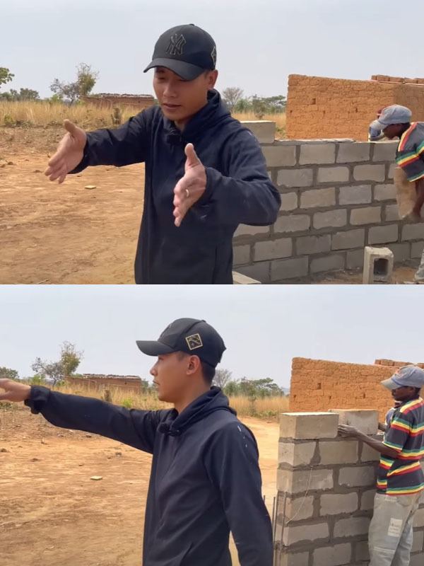  Quang Linh đến kiểm tra tiến độ xây trường học cho trẻ em nghèo ở châu Phi. (Ảnh: Chụp màn hình YouTube Quang Linh Vlogs - Cuộc Sống ở Châu Phi)