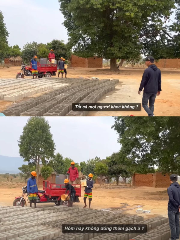  Ai cũng nỗ lực làm việc để đẩy nhanh tiến độ xây trường. (Ảnh: Chụp màn hình YouTube Quang Linh Vlogs - Cuộc Sống ở Châu Phi)