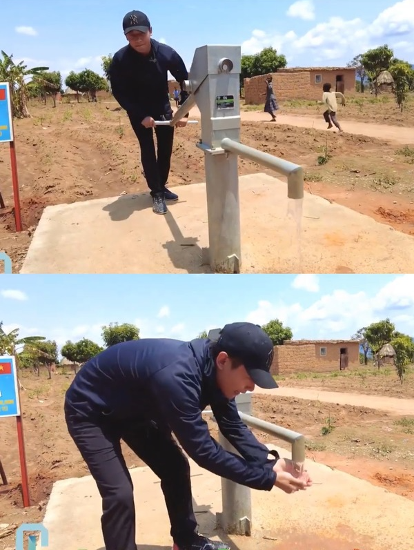  Quang Linh xây giếng nước sạch tặng bà con châu Phi. (Ảnh: Chụp màn hình YouTube Quang Linh Vlogs - Cuộc Sống ở Châu Phi)