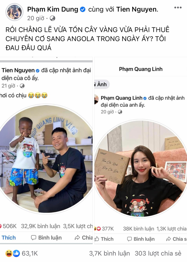  
"Dì Dung" cũng đã “lên thuyền” khi công khai ghép ảnh 2 trang cá nhân của nhân vật chính lên mạng xã hội. (Ảnh: FB Phạm Kim Dung)
