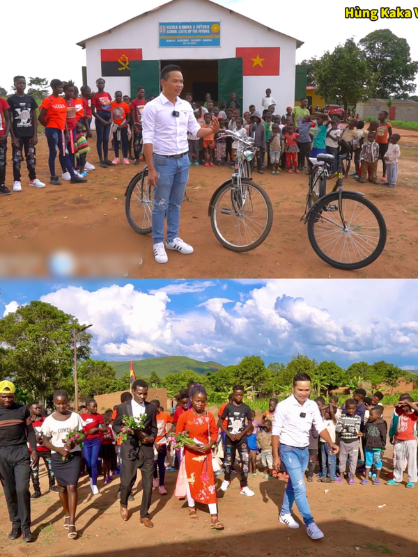 Hùng KaKa đã tập trung tất cả các bạn học sinh đến tại lớp học để chúc mừng thầy cô. (Ảnh: YouTube Hùng KaKa Vlogs - Cuộc sống ở Châu Phi)