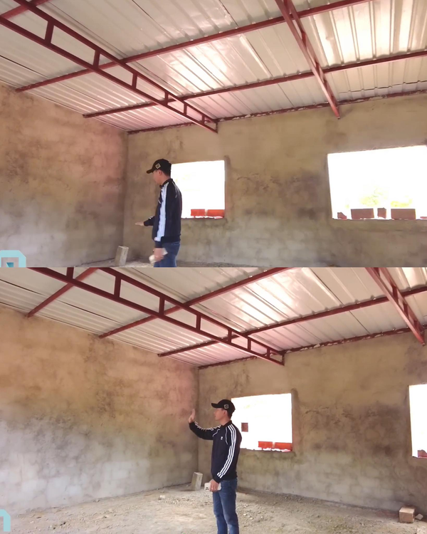  
Phần mái tôn đã được lợp toàn bộ, còn tường vữa thì còn vài phòng nữa là xong. (Ảnh: YouTube Quang Linh Vlogs)