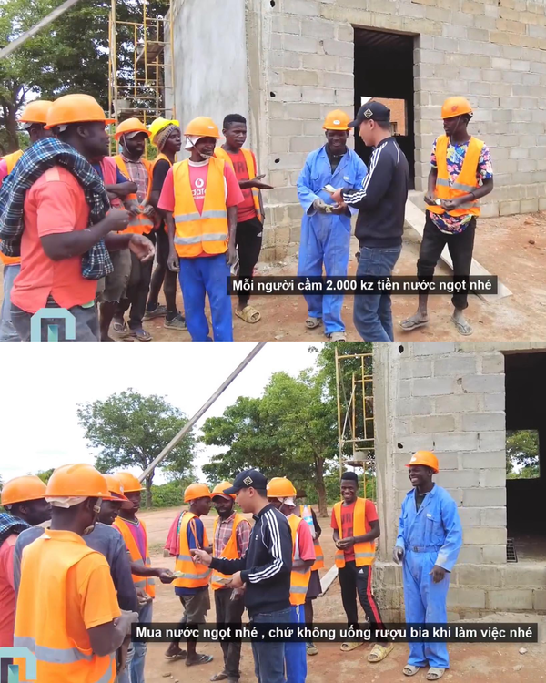  
Quang Linh thưởng cho mỗi thợ phụ hồ gần 100 nghìn đồng vì xây với tốc độ quá nhanh. (Ảnh: YouTube Quang Linh Vlogs)