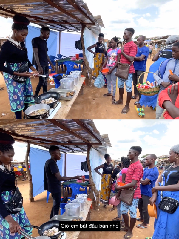  Vợ chồng Lindo ra chợ bán nhiều món ăn người dân yêu thích. (Ảnh: YouTube Lindo Vlogs - Cuộc Sống ở Châu Phi)