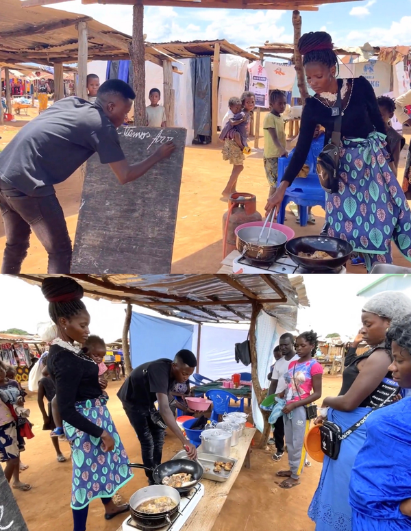  Quán cơm của Lindo có cơm, bột ngô, gà chiên, rau cải và canh cà chua. (Ảnh: YouTube Lindo Vlogs - Cuộc Sống ở Châu Phi)