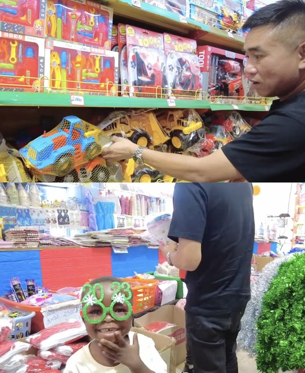  Anh Tiến và Lôi Con đã phải đi nhiều vòng mới chọn được quà cho Quang Linh. (Ảnh: Chụp màn hình Nguyễn Tiến - Cuộc Sống ở Châu Phi)