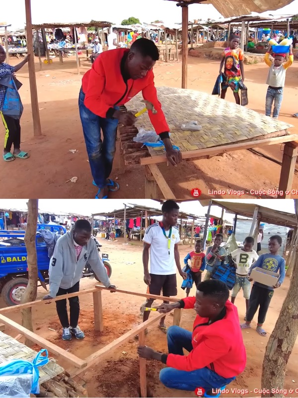  Lindo mở rộng sạp hàng để phục vụ khách ăn uống. (Ảnh: YouTube Lindo Vlogs - Cuộc Sống ở Châu Phi)