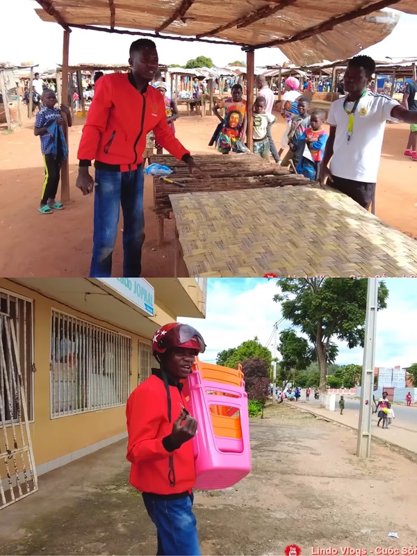  Anh sẽ bày biện thêm ghế và tấm cót tre để khách ăn tại chỗ, khác so với sạp hàng trước đây. (Ảnh: YouTube Lindo Vlogs - Cuộc Sống ở Châu Phi)