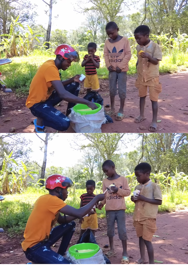  Gặp đứa trẻ nào, Lindo cũng dừng lại, múc cho các em một cốc kem đầy. (Ảnh: YouTube Lindo Vlogs - Cuộc sống ở châu Phi)