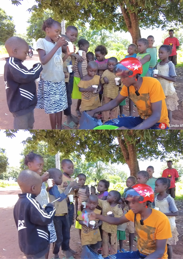  Các bạn nhỏ xếp hàng chờ chú Lindo làm cho mỗi người một cốc kem. (Ảnh: YouTube Lindo Vlogs - Cuộc sống ở châu Phi)