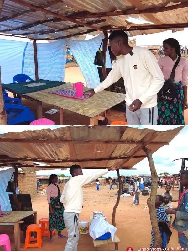  Lindo đã có thể mở rộng sạp hàng, thêm không gian cho mọi người ngồi ăn tại chỗ. (Ảnh: YouTube Lindo Vlogs - Cuộc sống ở châu Phi)