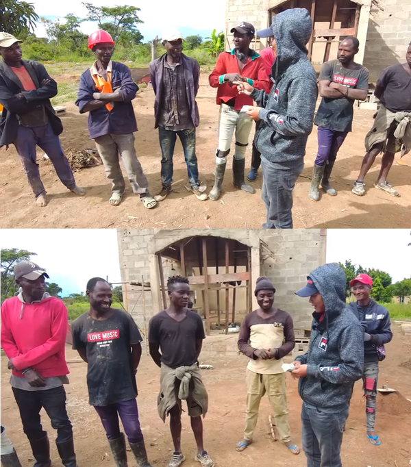  Các anh em công nhân đứng đợi nhận lương và thưởng Tết. (Ảnh: YouTube Linh Philip Vlogs - Cuộc Sống ở Châu Phi)