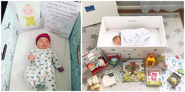 Một chiếc hộp ngủ bằng bìa và các sản phẩm tặng kèm dành cho các bé sơ sinh. Ảnh: Baby Box.