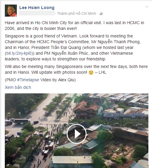 Thủ tướng Lý Hiển Long chia sẻ đoạn phim về Việt Nam tại trang cá nhân