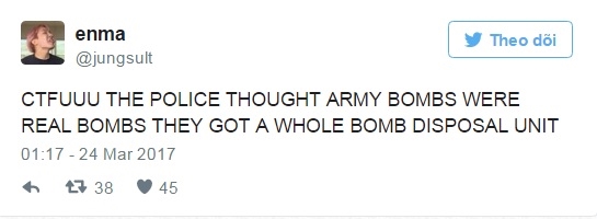 

Chia sẻ của người hâm mộ vụ việc xảy ra: "Cảnh sát nghĩ rằng BOMB của A.R.M.Y là bom thật và còn phái cả đội tháo gỡ bom mìn đến đây này."