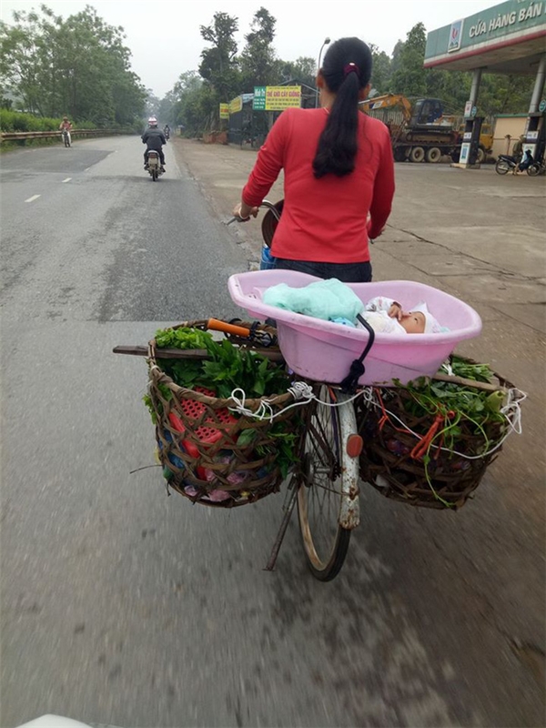 Hình ảnh mẹ coc cạch đạp xe, chở đứa con nhỏ nằm trong thau đi bán rau khiến dân mạng xúc động.