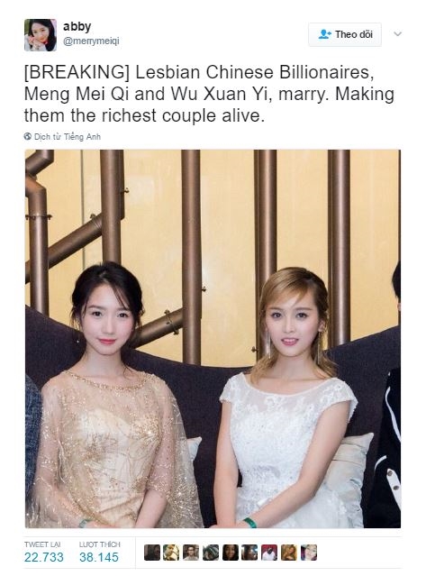 
Bài viết gây bão cư dân mạng với nội dung: "[Tin nóng] 2 nữ tỉ phú đồng tính người Trung Quốc Meng Meng Qi và Wu Xuan Yi kết hôn. Họ trở thành cặp đôi giàu có nhất thế giới". (Ảnh: Twitter)