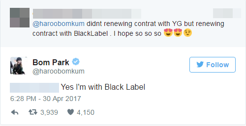 
Câu trả lời của Park Bom cho thấy cô hiện tại đang trực thuộc công ty con của YG là Black Label.